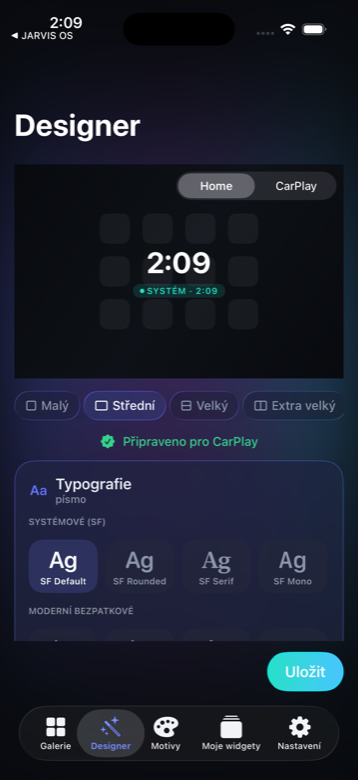 Designer — živý editor widgetu s přepínačem velikostí