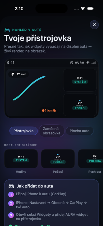 Náhled přístrojovky v autě s reálně renderovanými widgety